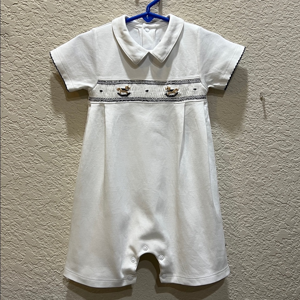 almudena navy rocking horses smocked romper size 18M made in Peru Pima Cotton - Picture 2 of 11